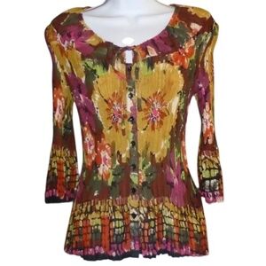 Larry Levine Gold Purple Brown Floral Crinkle Top, Buttons Tie Neck 3/4 Sleeve S